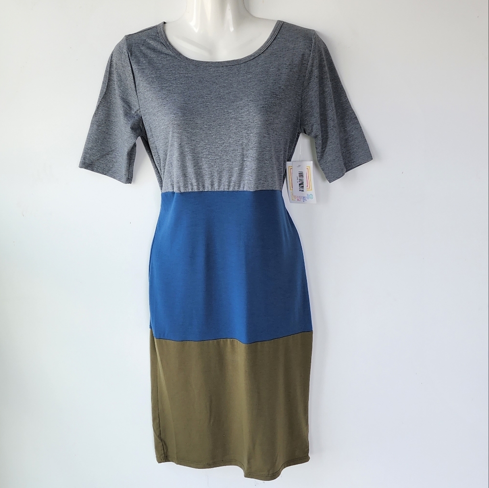 LulaRoe Julia Form Fitting Color Block Gray Teal Blue and Olive Green Dress